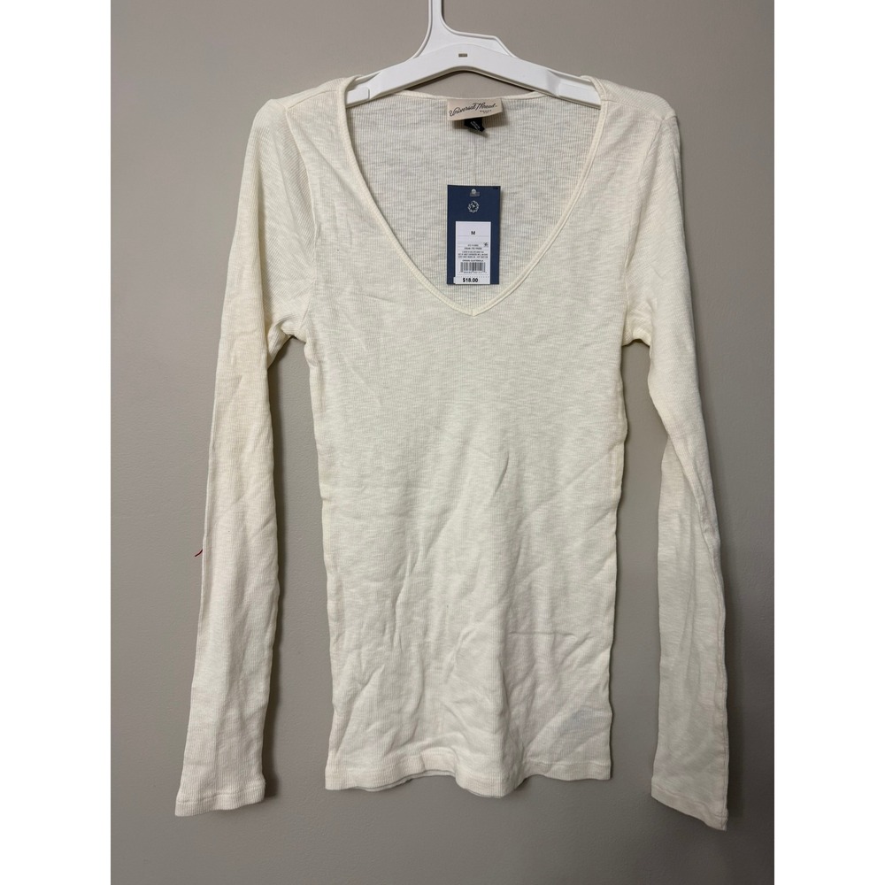 Universal Thread V-Neck Top Womens Medium Cream Ribbed Long Sleeve NWT